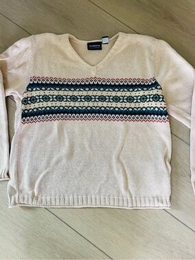 Vintage Liz Claiborne LizSport Cream V-Neck Fair Isle Sweater 100% Cotton
